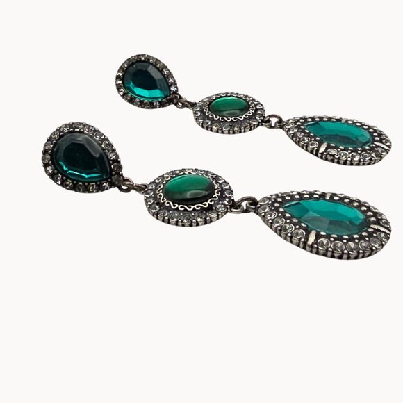 Whimsigoth Punk VTG Retro Style Teardrop Silver Emerald Green Tone Boho Earrings - Picture 3 of 7